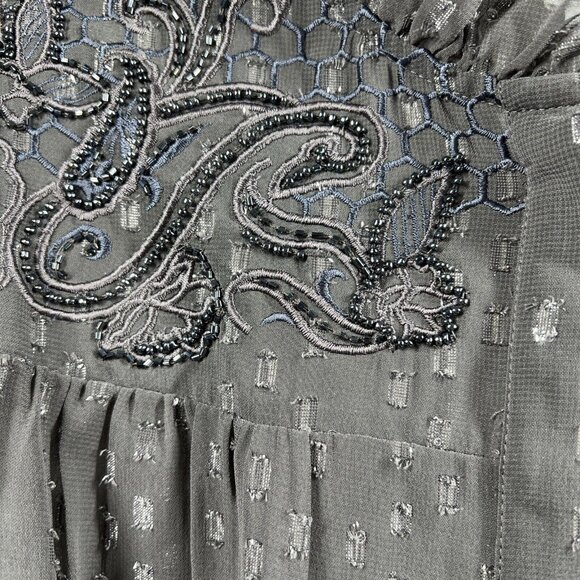 Chicos Women's Blouse Size XL Whimsy Goth Metallic Gray Beaded Bohemian Sheer - Picture 4 of 13